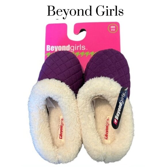 NWT Beyond Girls slip on fuzzy lined hard bottom slippers. Purple and off white. - Picture 1 of 4